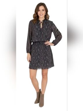 J. Crew Mercantile Navy Floral Chiffon Dress Long Sleeve Cinched M